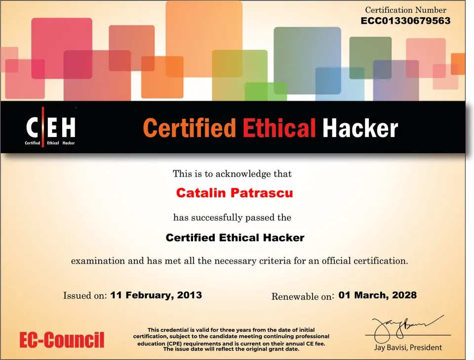 Certificatul Certified Ethical Hacker — deschide originalul