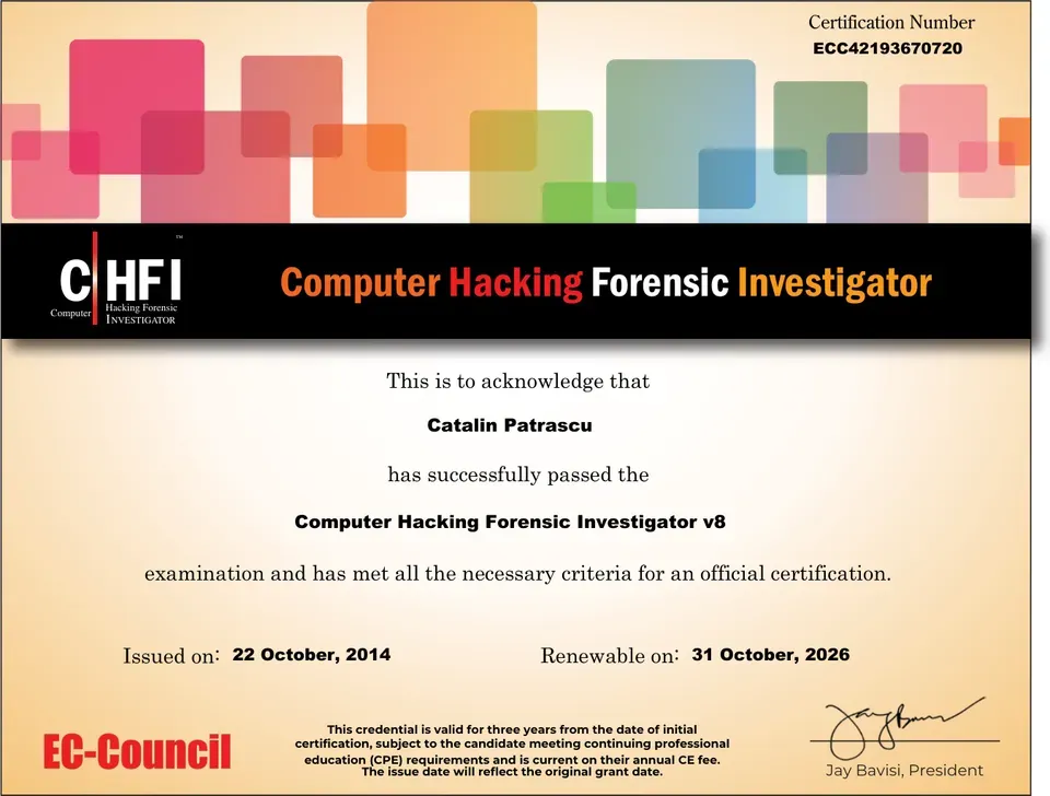 Certificatul Computer Hacking Forensic Investigator — deschide originalul