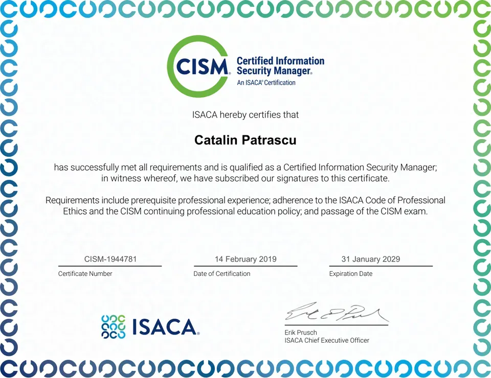 Certificatul Certified Information Security Manager — deschide originalul