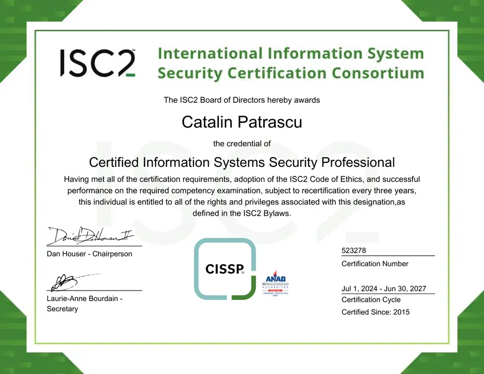 Certificatul Certified Information Systems Security Professional — deschide originalul