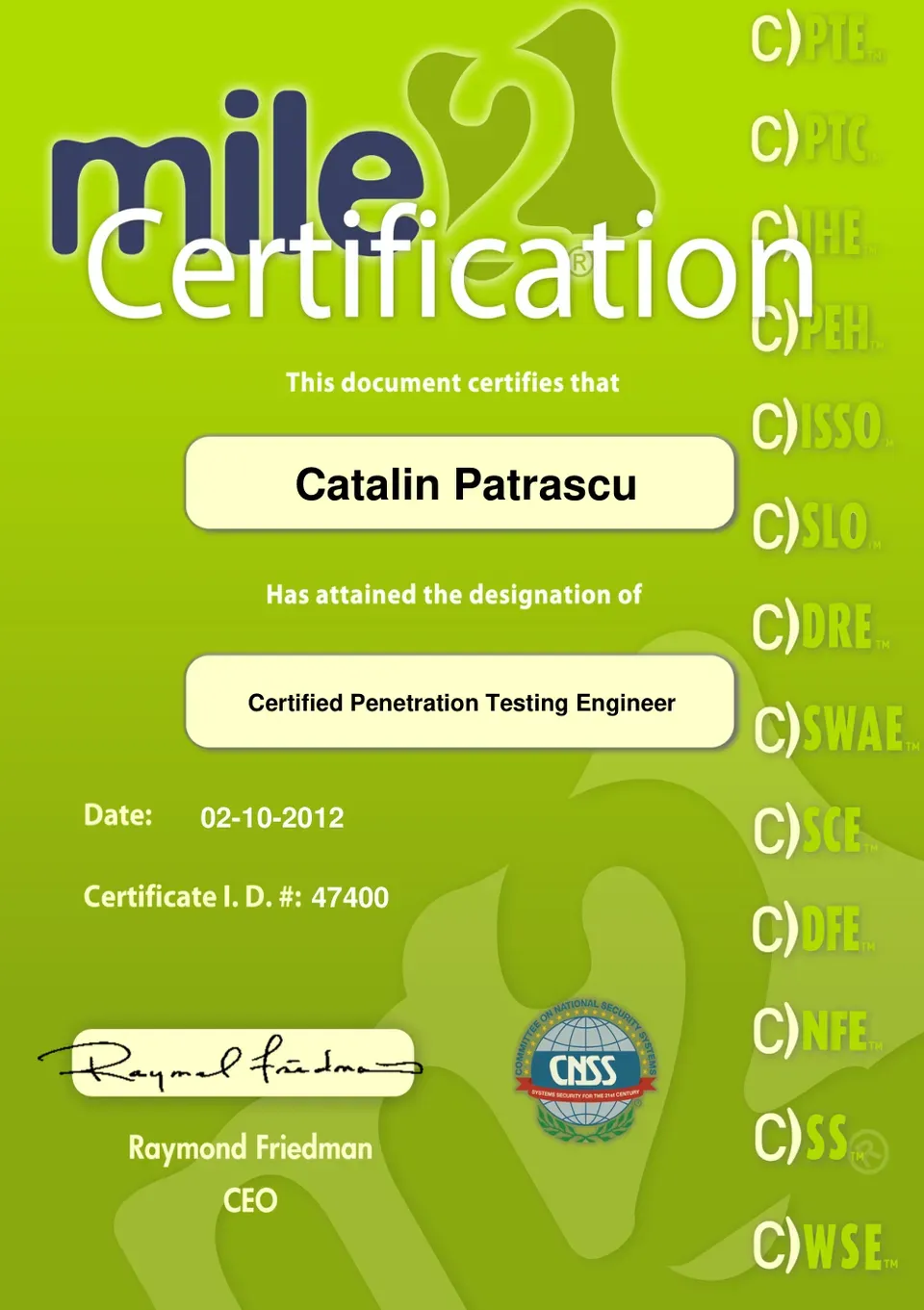Certificatul Certified Penetration Testing Engineer — deschide originalul