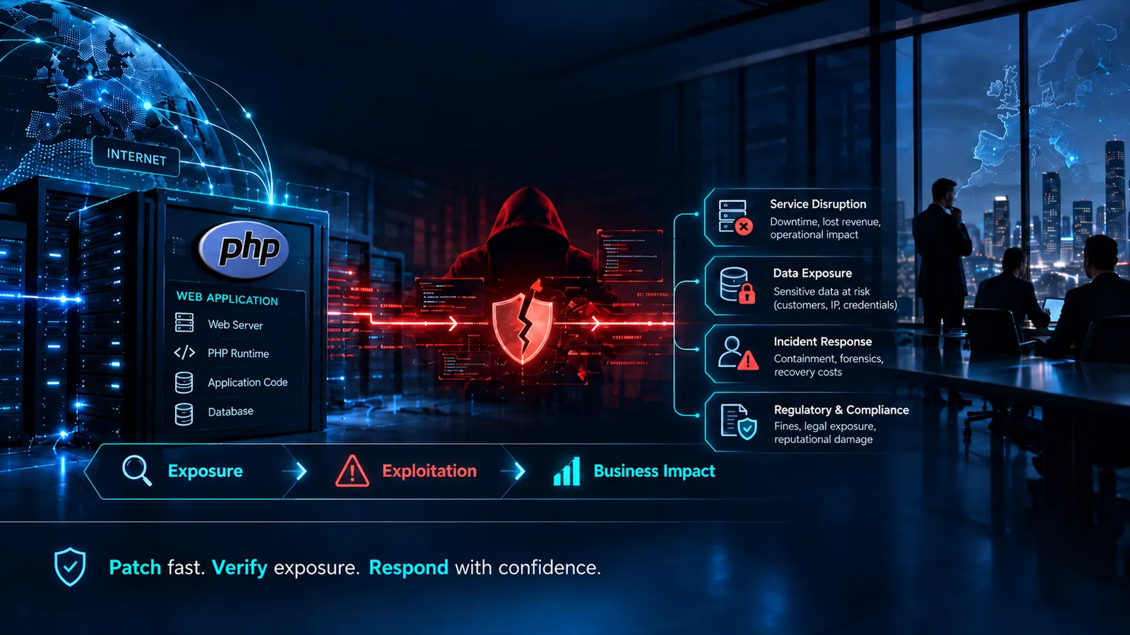 PHP2Shell: Patching Is Only Half the Response Graphic illustrating the PHP2Shell critical PHP vulnerabilities: patching fixes the flaw, but incident response determines whether it was already exploited.